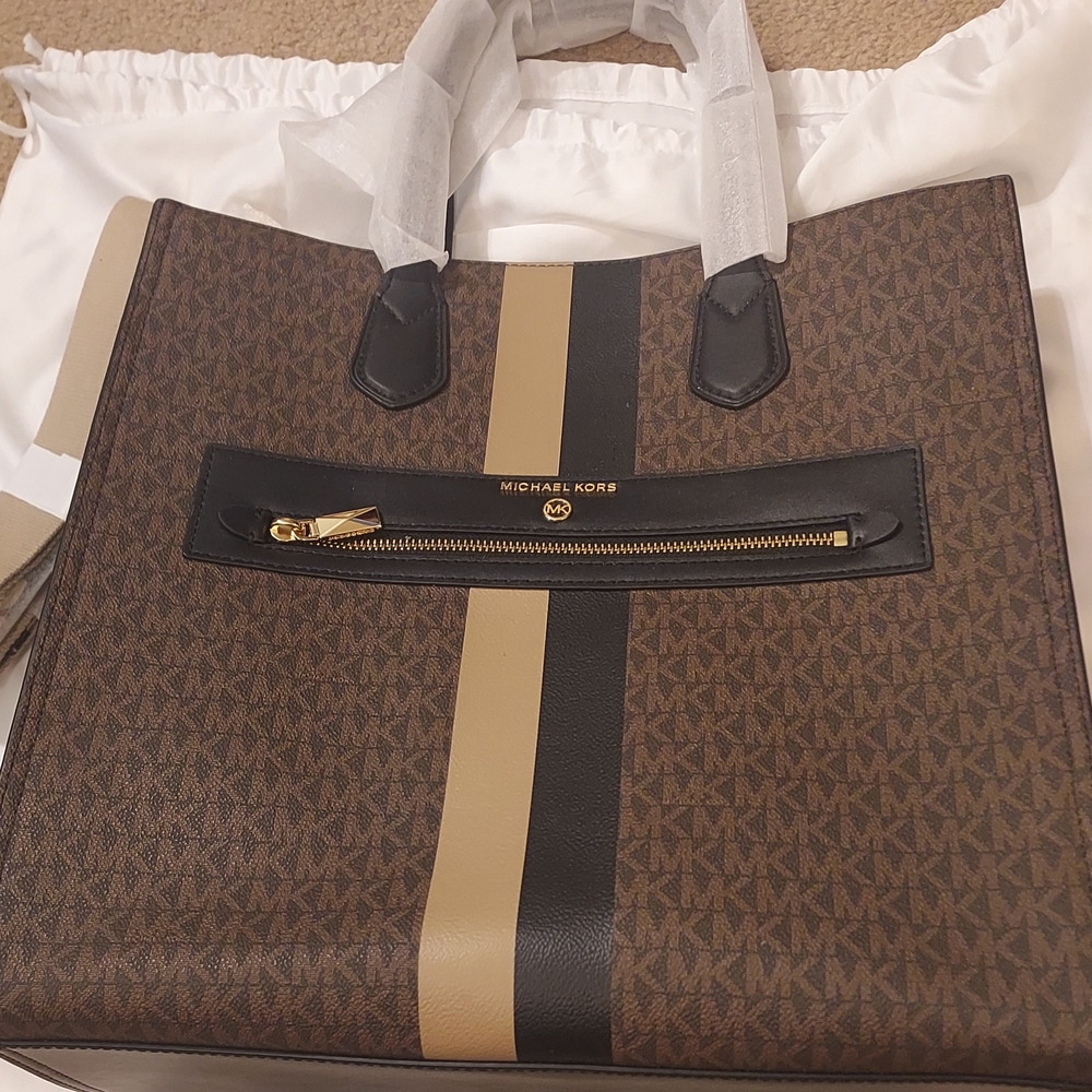 MICHAEL Michael Kors Kempner Large Logo Stripe Brown and Black NWT RARE!